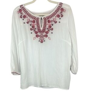 Talbots 100% Cotton White Embellished Top with Red Pink Embroidery Size Medium